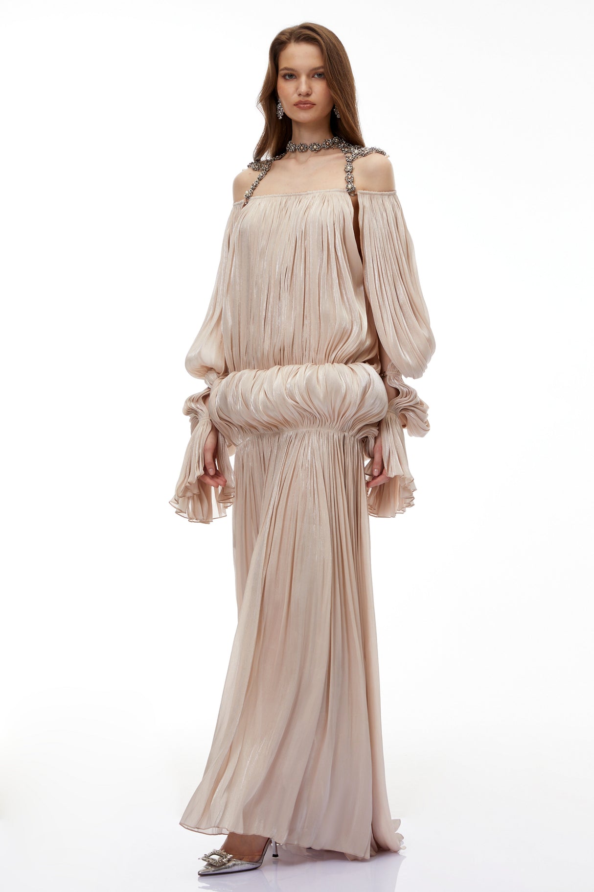 Aurohaya Vlasta Khaki Ruched Bubble Maxi Dress with Chain