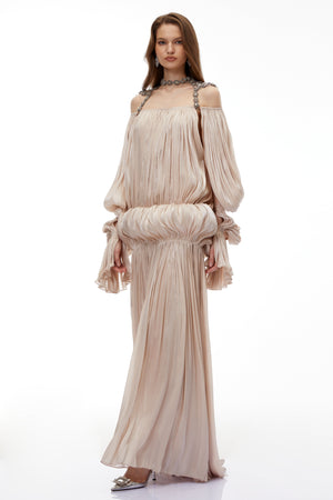 Aurohaya Vlasta Khaki Ruched Bubble Maxi Dress with Chain