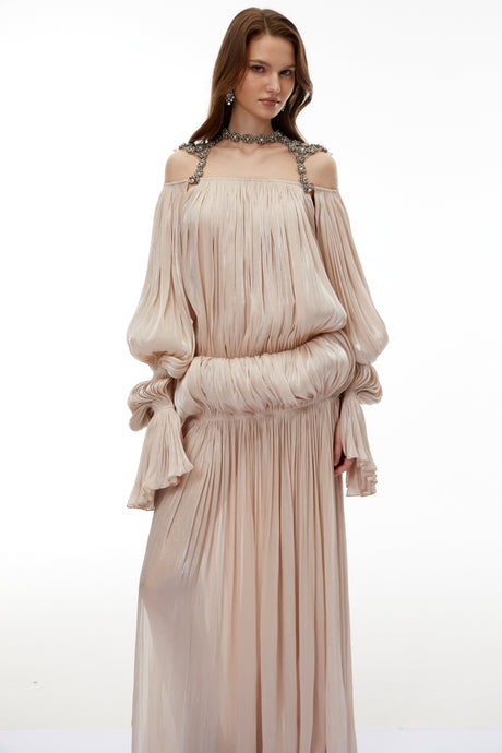Aurohaya Vlasta Khaki Ruched Bubble Maxi Dress with Chain