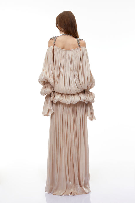 Aurohaya Vlasta Khaki Ruched Bubble Maxi Dress with Chain