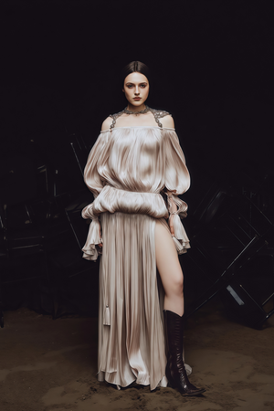 Aurohaya Vlasta Khaki Ruched Bubble Maxi Dress with Chain