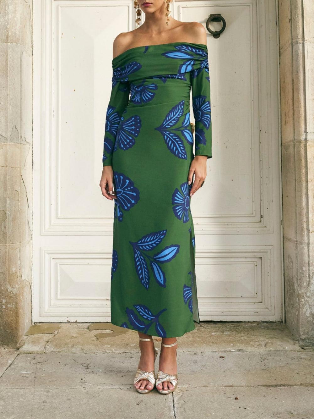 Aurohaya Bardot Neckline Long Sleeves Maxi Dress Green