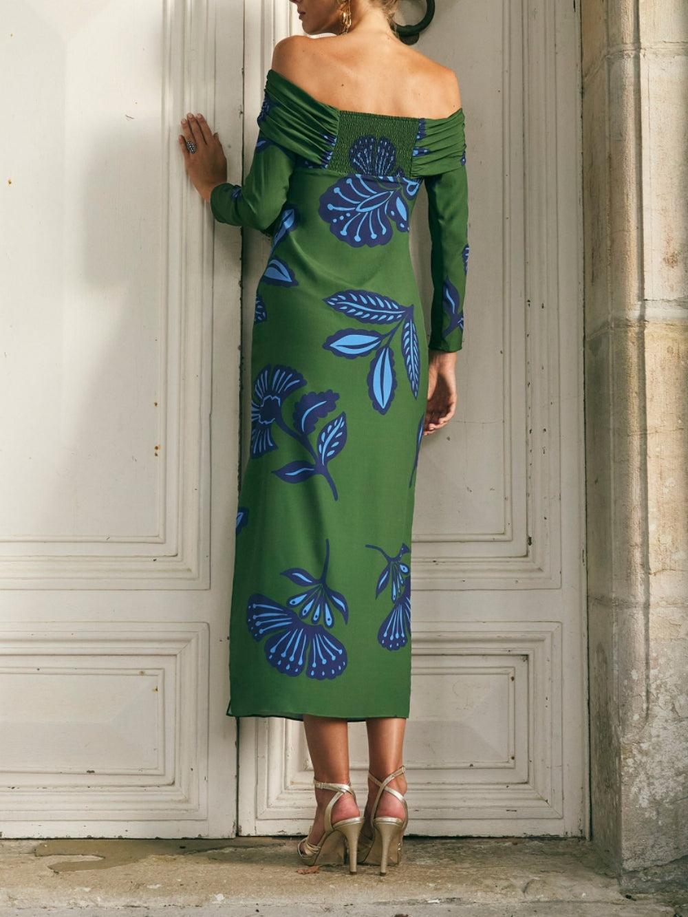 Aurohaya Bardot Neckline Long Sleeves Maxi Dress