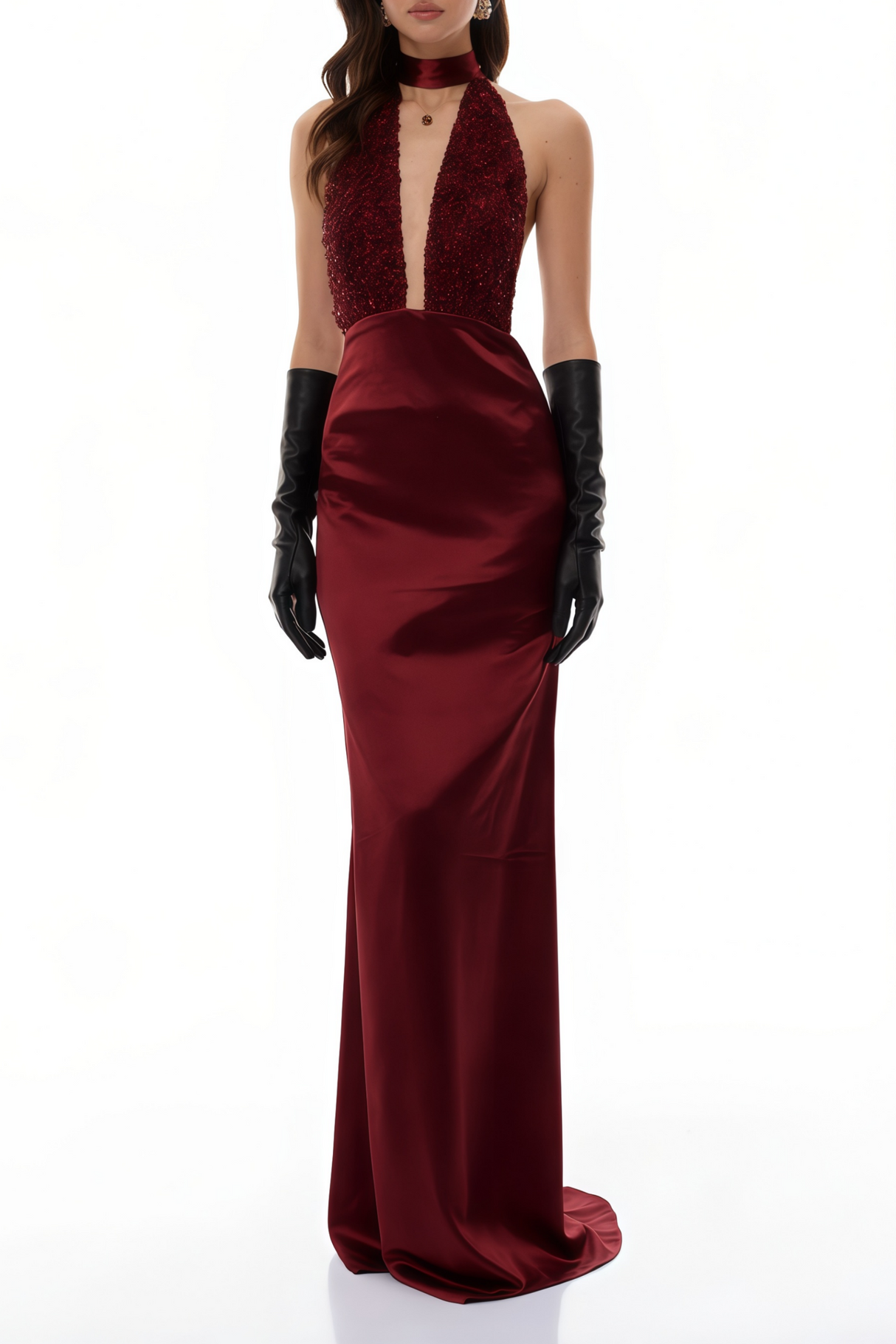 Aurohaya Whitley Red Sequin Open Back Maxi Gown