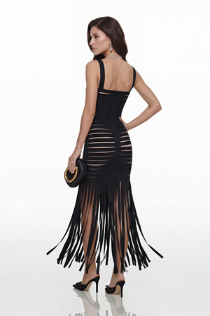 Aurohaya Whitney Black Cut-Out Maxi Dress with Fringe