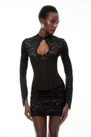 Aurohaya Willow Black Lace Mini Dress with Cut-Outs
