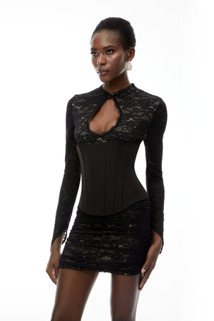 Aurohaya Willow Black Lace Mini Dress with Cut-Outs