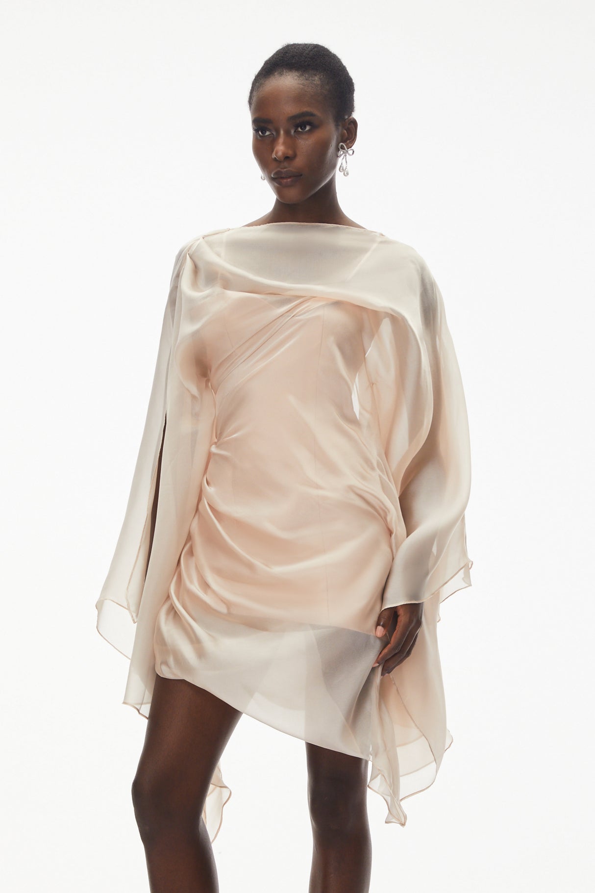 Aurohaya Willow Pink Asymmetrical Ruched Mesh Mini Dress
