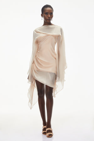 Aurohaya Willow Pink Asymmetrical Ruched Mesh Mini Dress