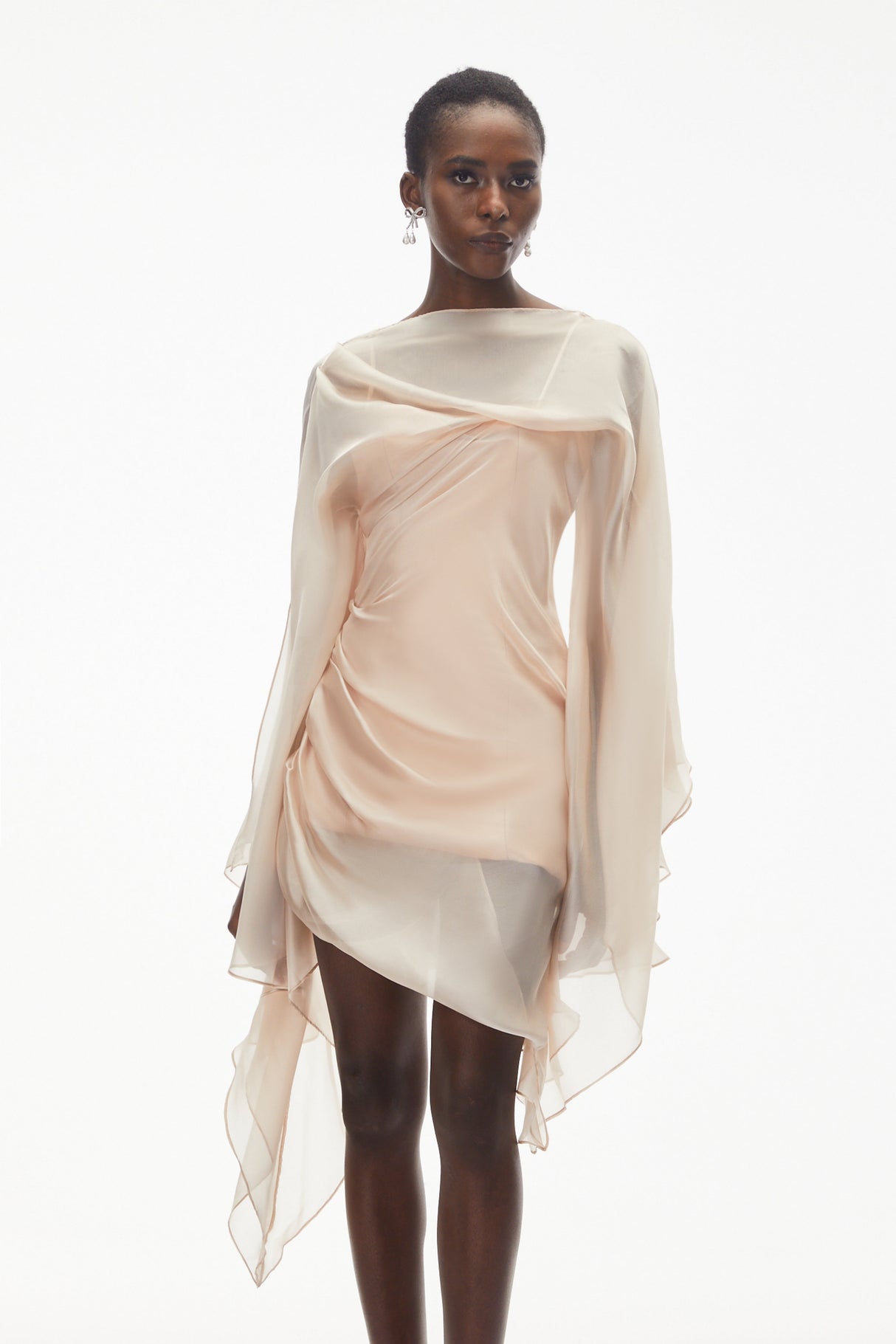 Aurohaya Willow Pink Asymmetrical Ruched Mesh Mini Dress