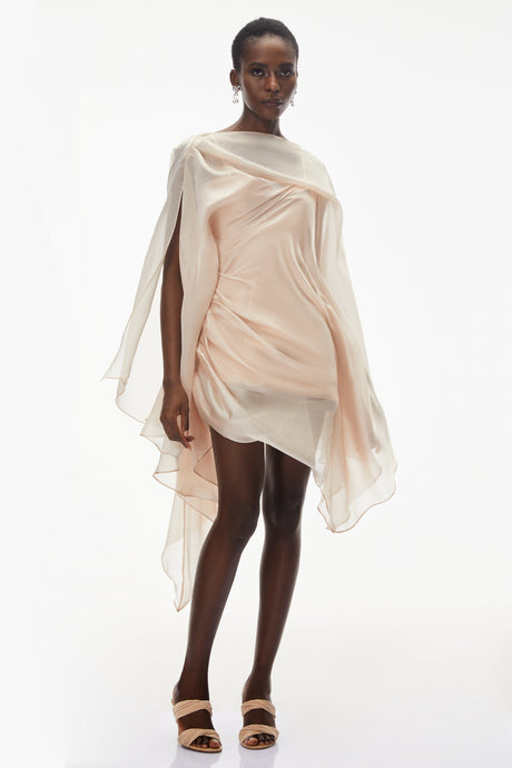 Aurohaya Willow Pink Asymmetrical Ruched Mesh Mini Dress