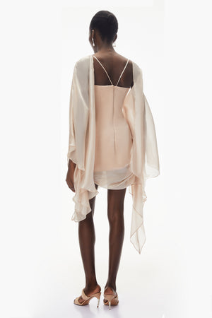 Aurohaya Willow Pink Asymmetrical Ruched Mesh Mini Dress