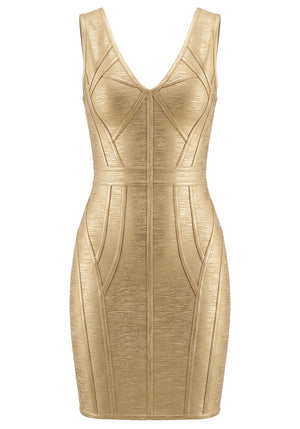 Woodgrain Foil Print Structured Dress Gold