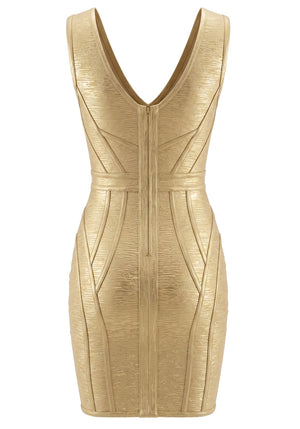 Woodgrain Foil Print Structured Dress Gold