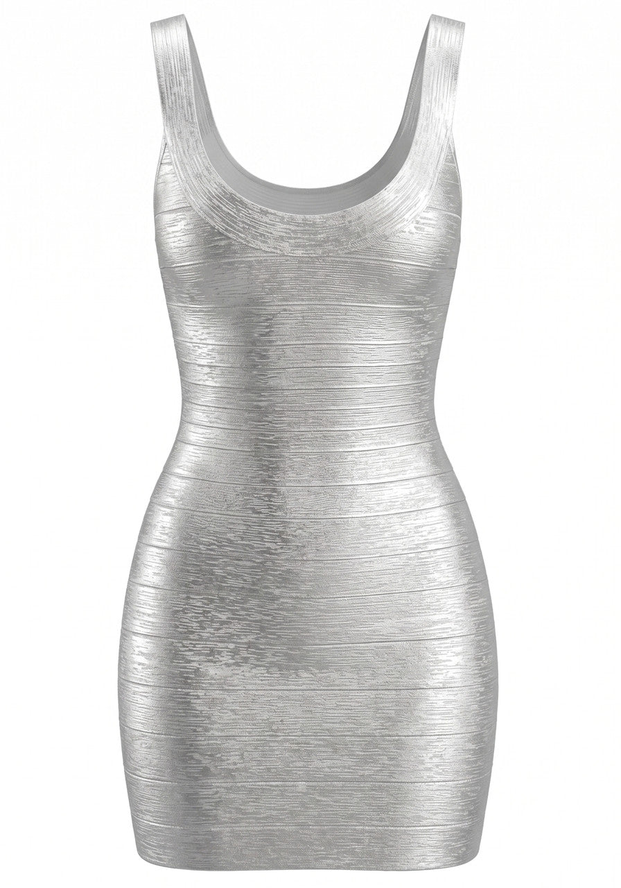 Woodgrain Foil Print Dress Silver