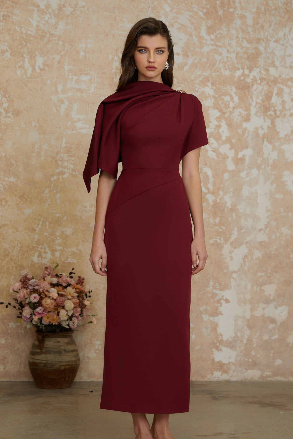 Aurohaya Wren Burgundy Asymmetrical Cape Maxi Dress
