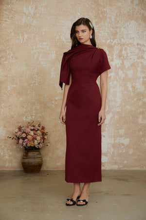 Aurohaya Wren Burgundy Asymmetrical Cape Maxi Dress