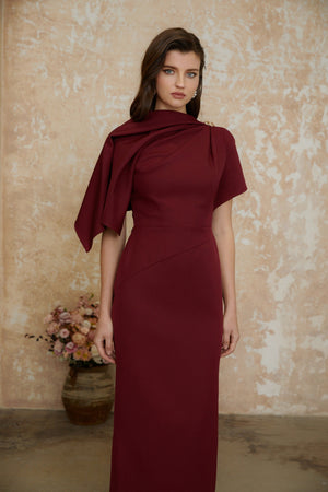 Aurohaya Wren Burgundy Asymmetrical Cape Maxi Dress