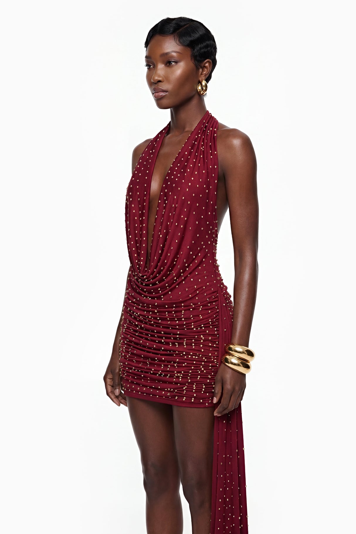Aurohaya Xanthe Burgundy Beaded Mini Dress with Ribbon Detail