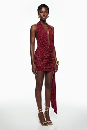 Aurohaya Xanthe Burgundy Beaded Mini Dress with Ribbon Detail