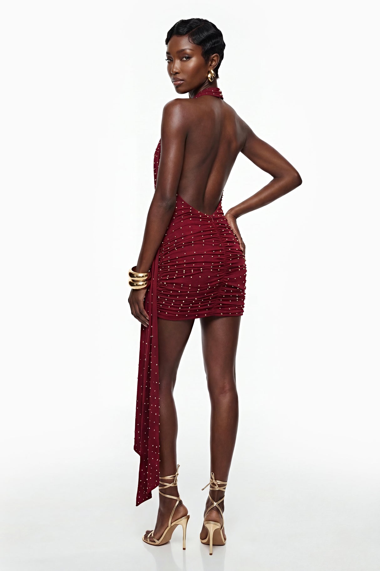 Aurohaya Xanthe Burgundy Beaded Mini Dress with Ribbon Detail