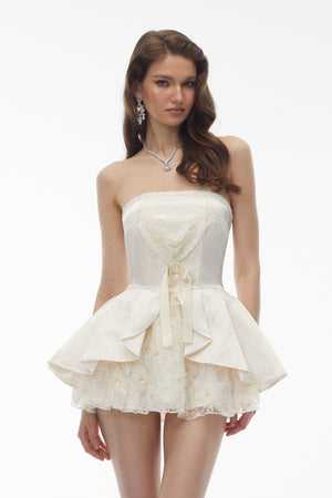 Aurohaya Xenobia White Off Shoulder Floral Lace Mini Dress