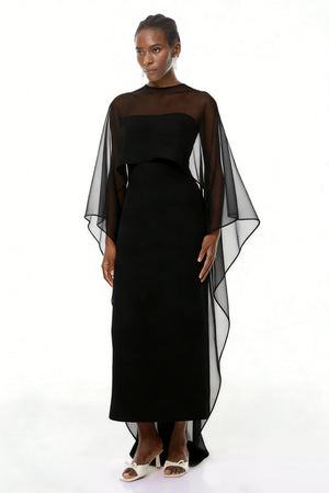 Aurohaya Xiomara Black Cape Design Satin Maxi Dress