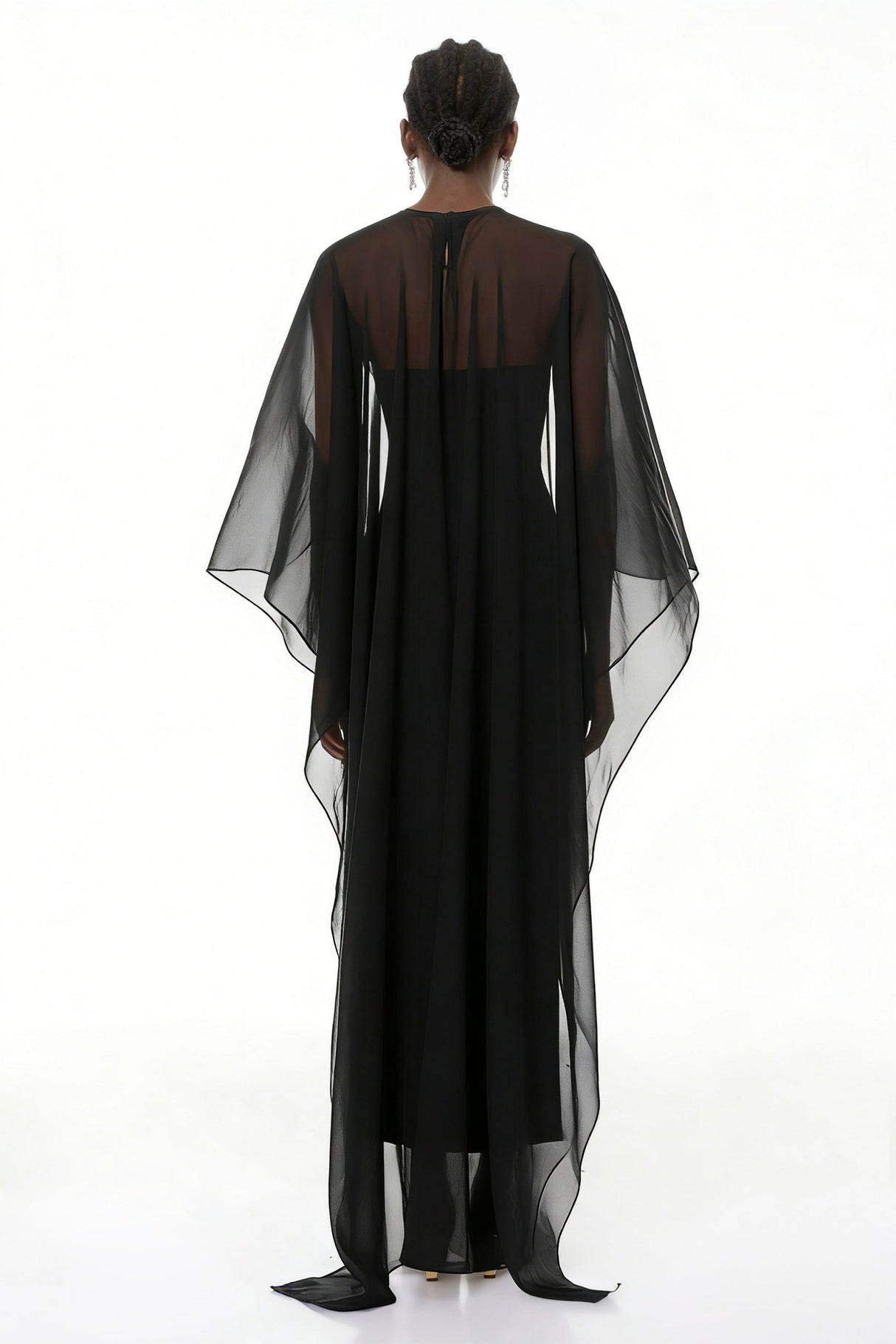 Aurohaya Xiomara Black Cape Design Satin Maxi Dress