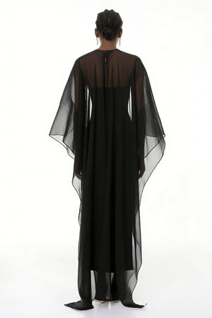 Aurohaya Xiomara Black Cape Design Satin Maxi Dress