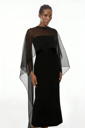Aurohaya Xiomara Black Cape Design Satin Maxi Dress