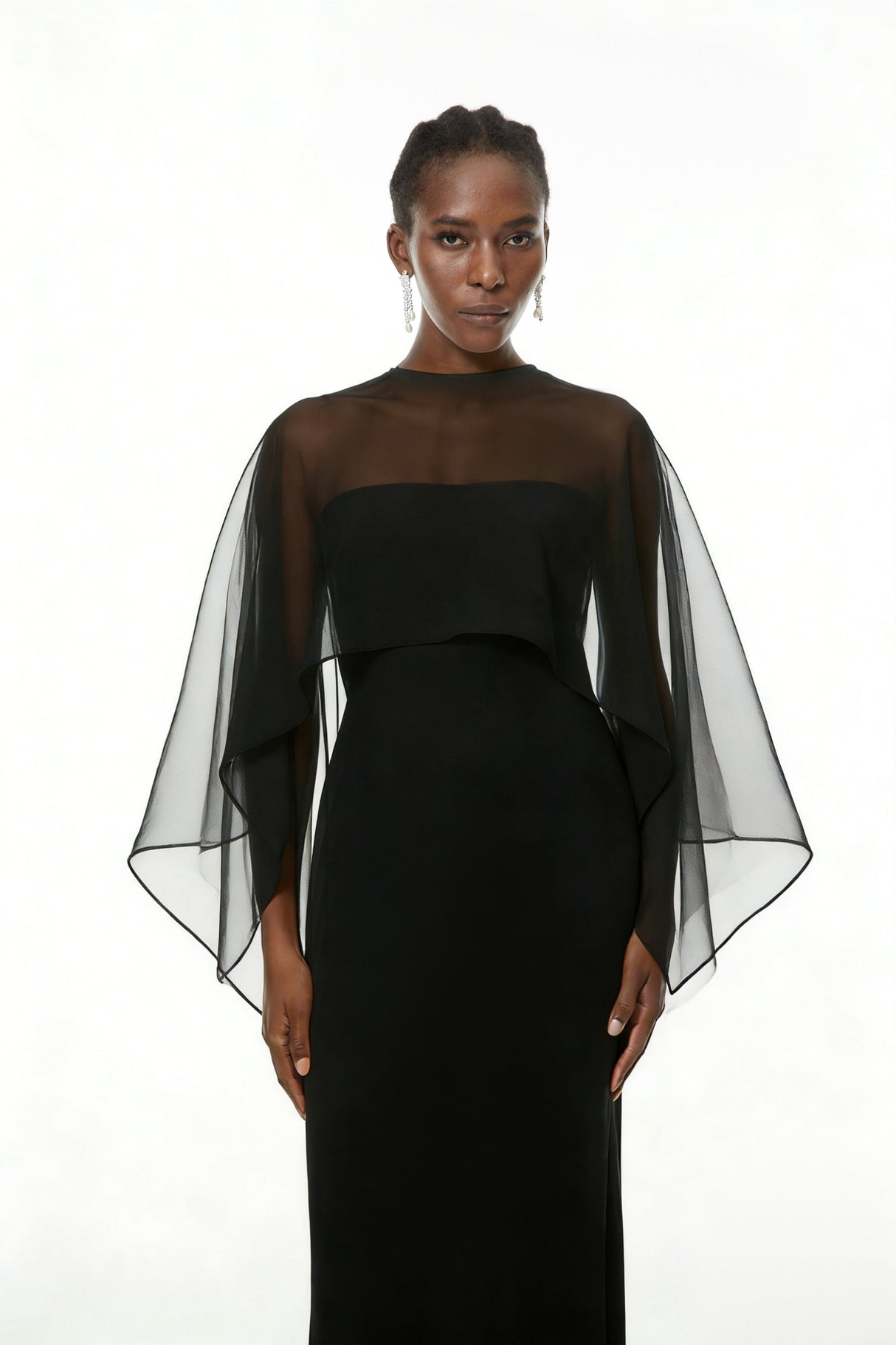 Aurohaya Xiomara Black Cape Design Satin Maxi Dress