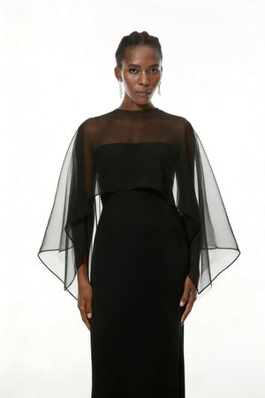 Aurohaya Xiomara Black Cape Design Satin Maxi Dress