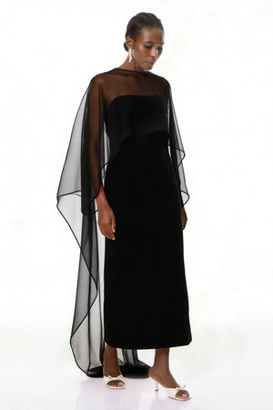 Aurohaya Xiomara Black Cape Design Satin Maxi Dress