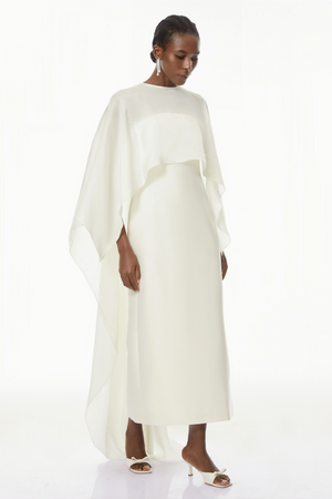 Aurohaya Xiomara White Cape Design Satin Maxi Dress