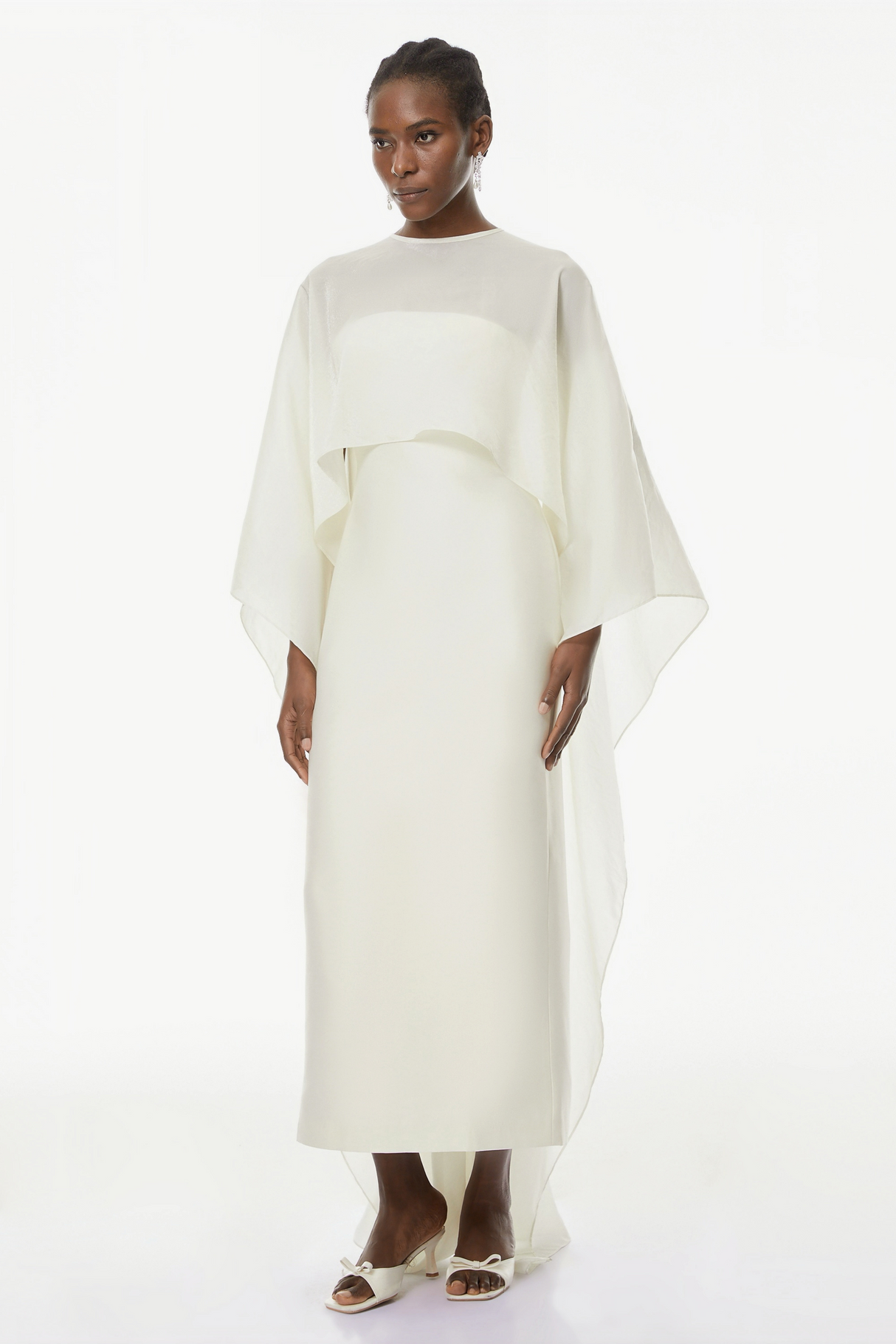 Aurohaya Xiomara White Cape Design Satin Maxi Dress