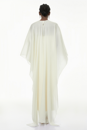 Aurohaya Xiomara White Cape Design Satin Maxi Dress