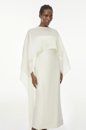 Aurohaya Xiomara White Cape Design Satin Maxi Dress