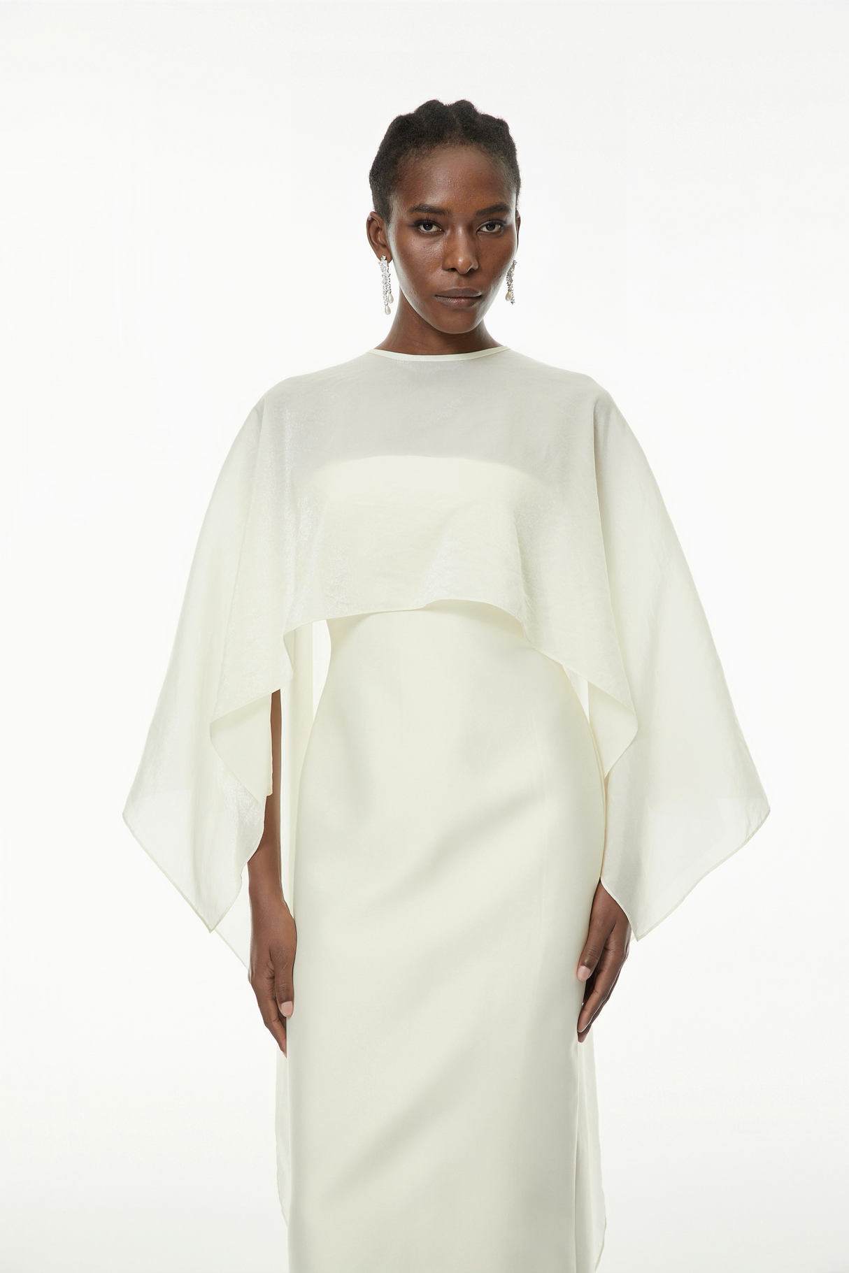 Aurohaya Xiomara White Cape Design Satin Maxi Dress