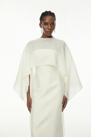 Aurohaya Xiomara White Cape Design Satin Maxi Dress