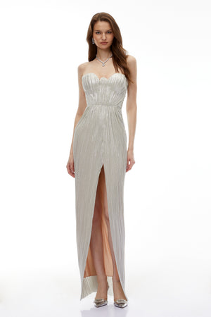 Aurohaya Xrystyna Silver Metallic Ruched Maxi Dress