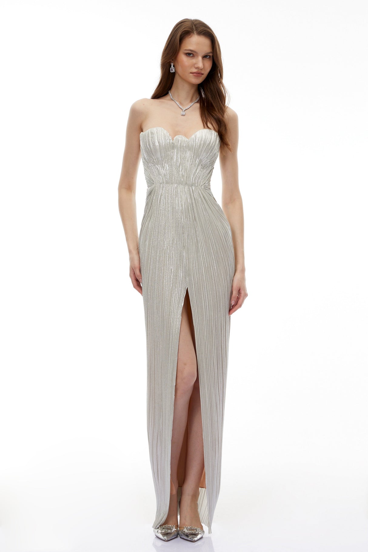 Aurohaya Xrystyna Silver Metallic Ruched Maxi Dress