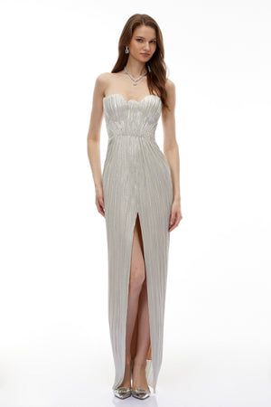 Aurohaya Xrystyna Silver Metallic Ruched Maxi Dress