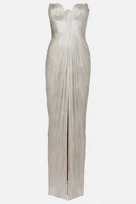 Aurohaya Xrystyna Silver Metallic Ruched Maxi Dress