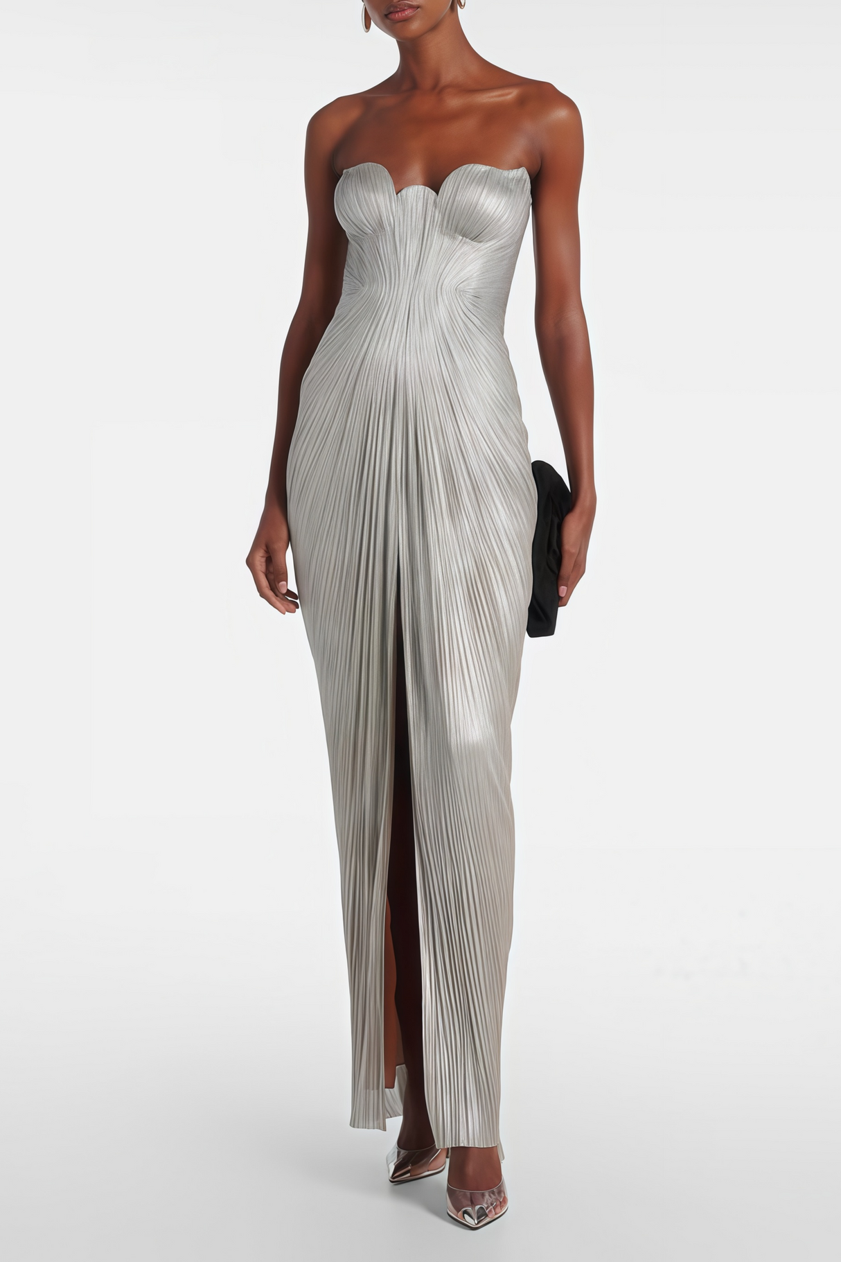 Aurohaya Xrystyna Silver Metallic Ruched Maxi Dress