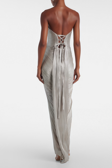 Aurohaya Xrystyna Silver Metallic Ruched Maxi Dress