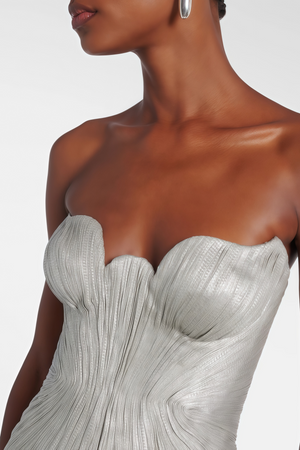 Aurohaya Xrystyna Silver Metallic Ruched Maxi Dress