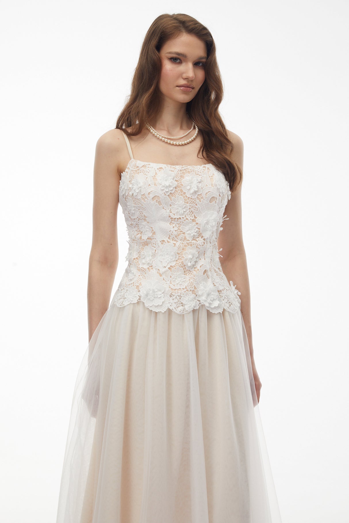 Aurohaya Yael White Lace Panel Tulle Midi Dress