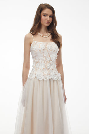 Aurohaya Yael White Lace Panel Tulle Midi Dress
