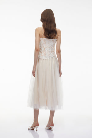 Aurohaya Yael White Lace Panel Tulle Midi Dress