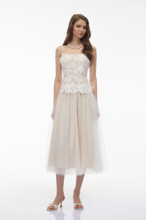 Aurohaya Yael White Lace Panel Tulle Midi Dress